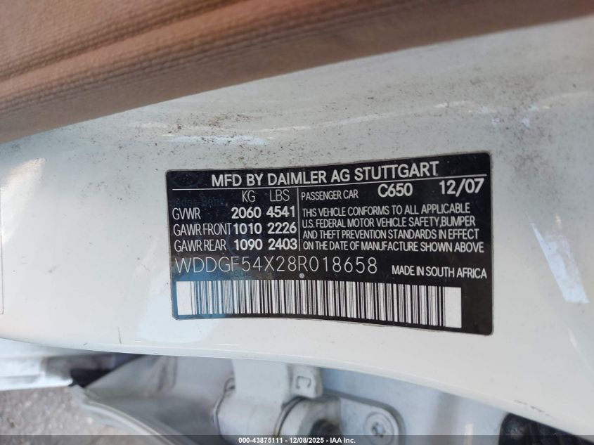 2008 Mercedes-Benz C 300 Luxury/Sport VIN: WDDGF54X28R018658 Lot: 43875111
