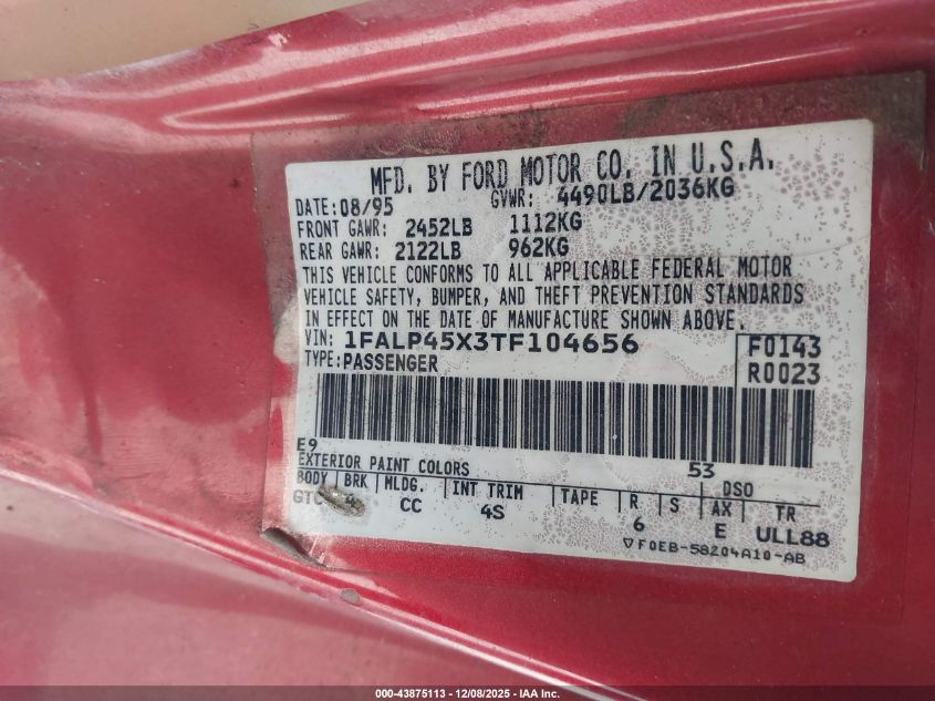 1996 Ford Mustang Gt VIN: 1FALP45X3TF104656 Lot: 43875113