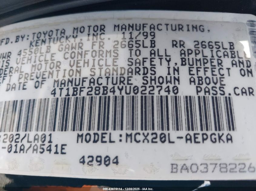 2000 Toyota Avalon Xls VIN: 4T1BF28B4YU022740 Lot: 43875114