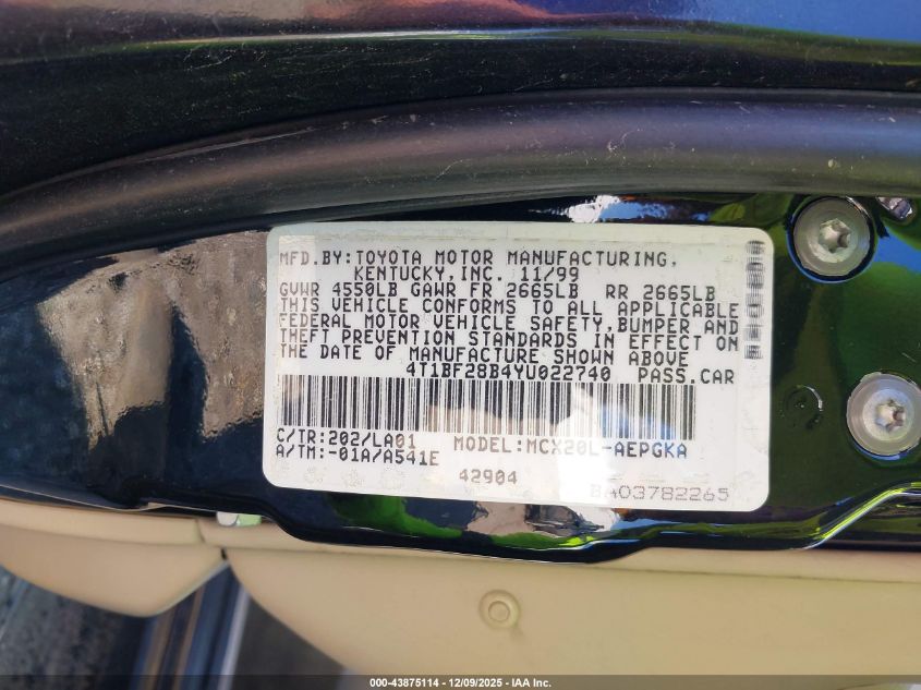 2000 Toyota Avalon Xls VIN: 4T1BF28B4YU022740 Lot: 43875114