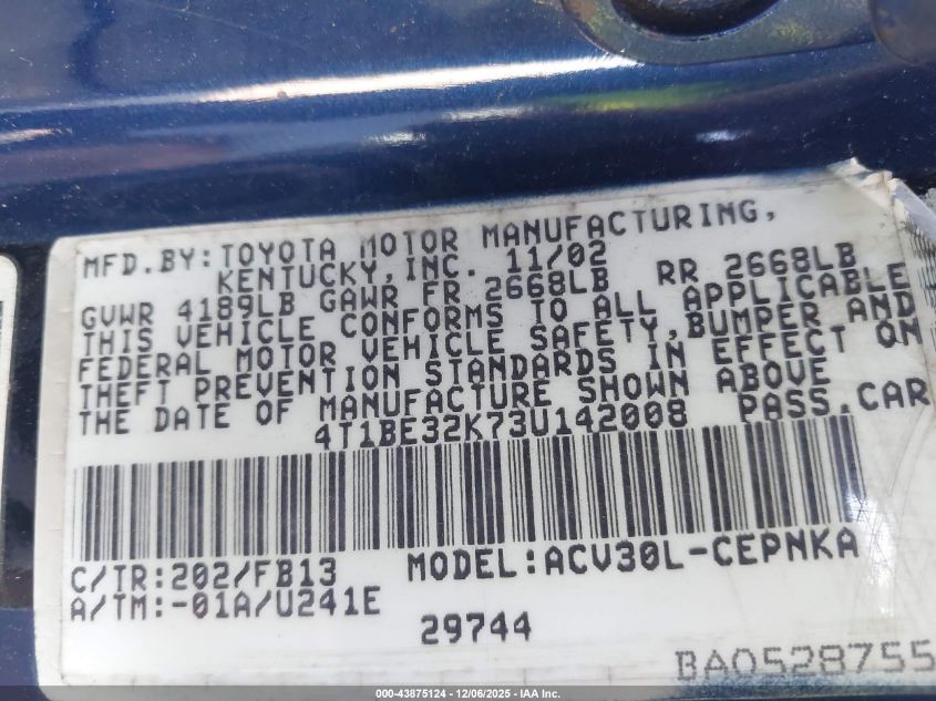 2003 Toyota Camry Le VIN: 4T1BE32K73U142008 Lot: 43875124