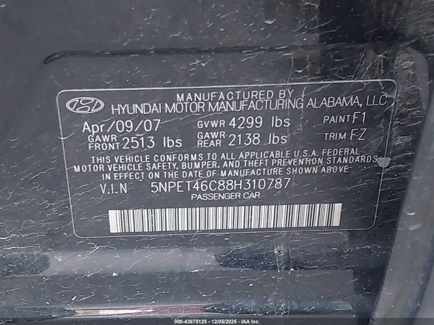 2008 Hyundai Sonata Gls VIN: 5NPET46C88H310787 Lot: 43875125