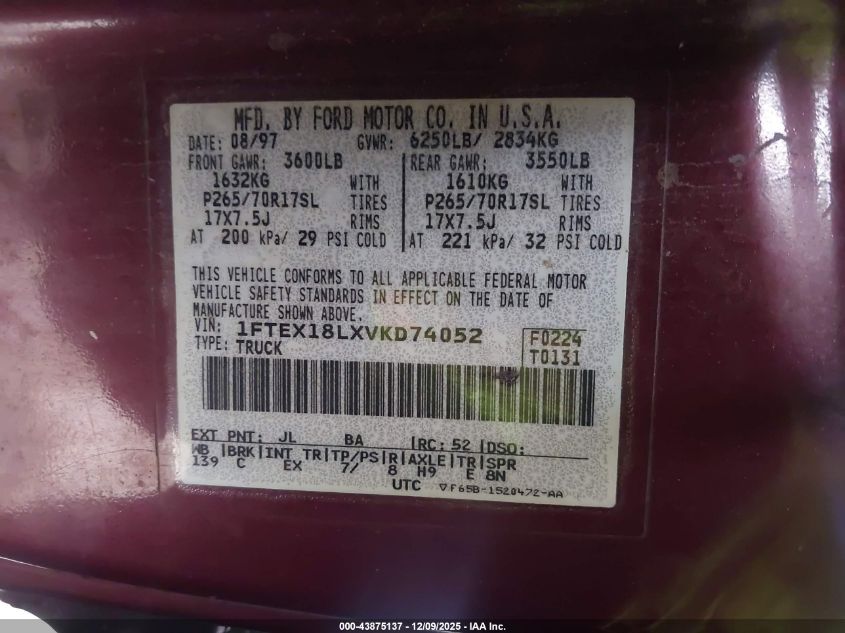 1997 Ford F-150 Lariat/Xl/Xlt VIN: 1FTEX18LXVKD74052 Lot: 43875137