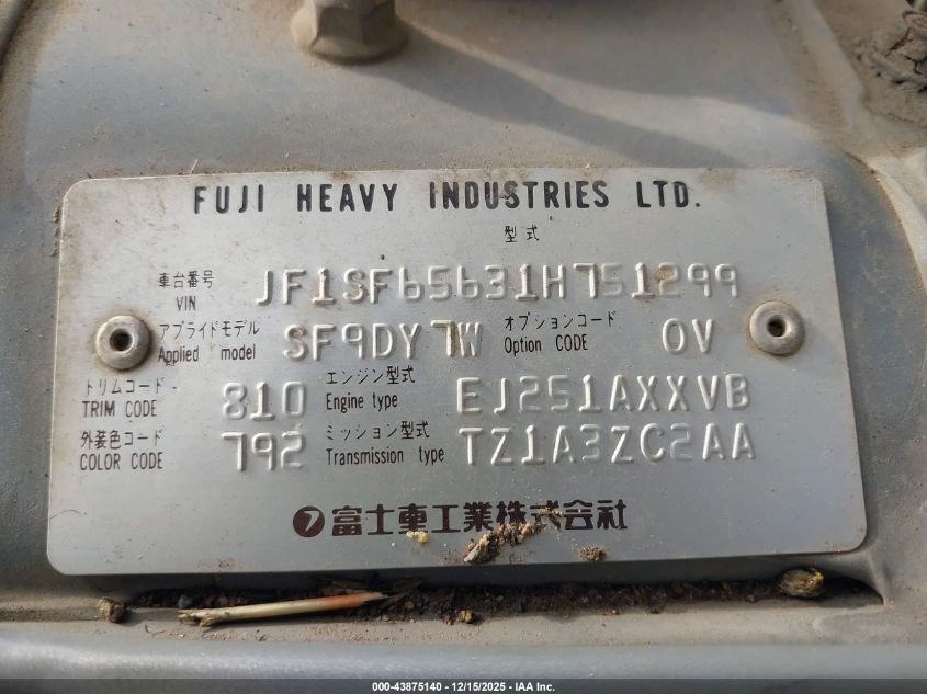 2001 Subaru Forester S VIN: JF1SF65631H751299 Lot: 43875140