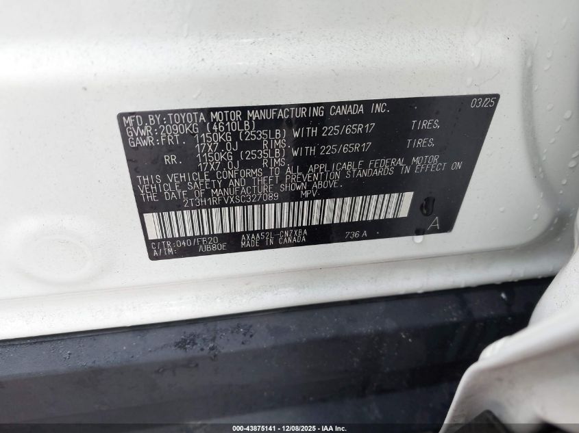 2025 Toyota Rav4 Le VIN: 2T3H1RFVXSC327089 Lot: 43875141