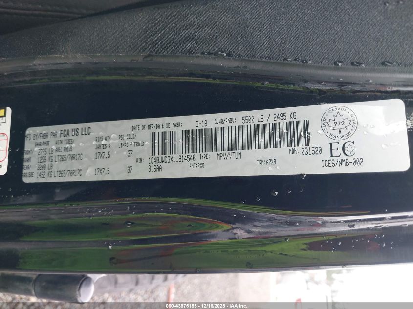 2018 Jeep Wrangler Jk Unlimited Sport VIN: 1C4BJWDGXJL914546 Lot: 43875155