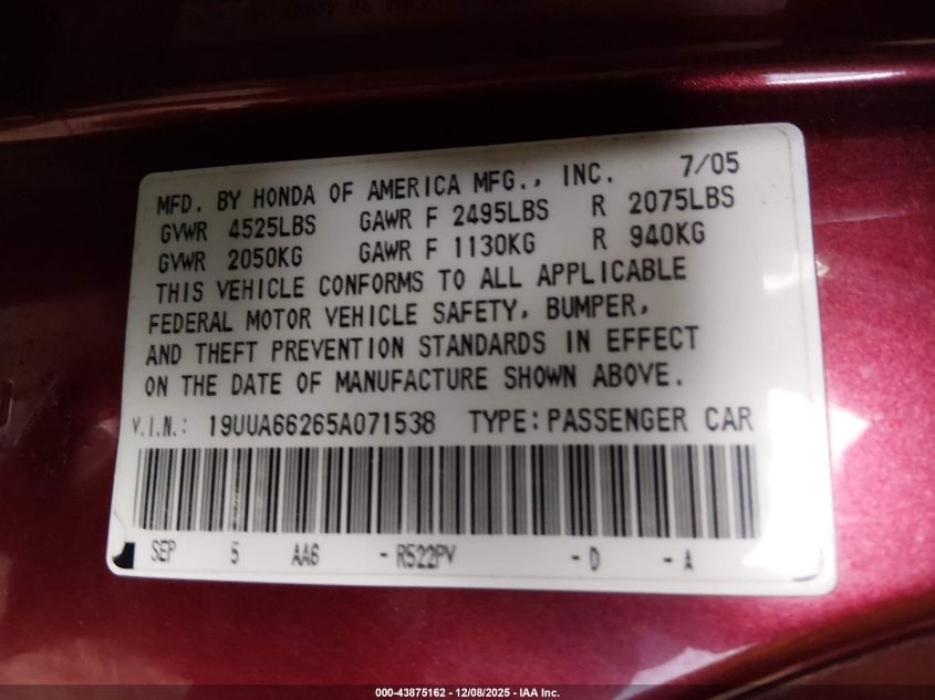 2005 Acura Tl VIN: 19UUA66265A071538 Lot: 43875162