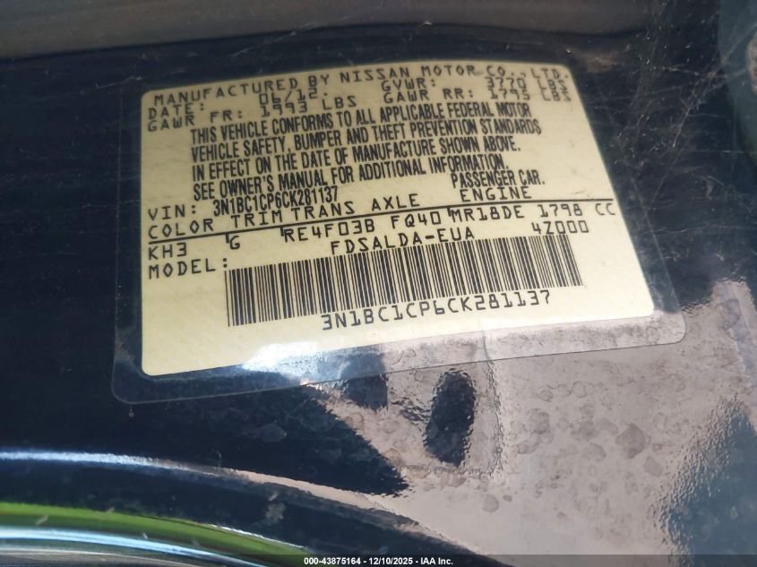 2012 Nissan Versa 1.8 S VIN: 3N1BC1CP6CK281137 Lot: 43875164