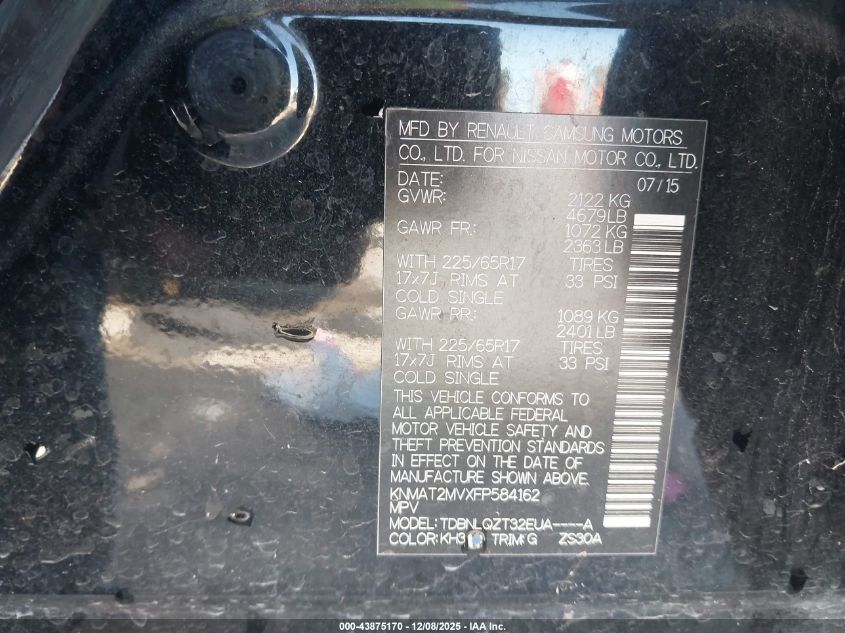 2015 Nissan Rogue Sv VIN: KNMAT2MVXFP584162 Lot: 43875170