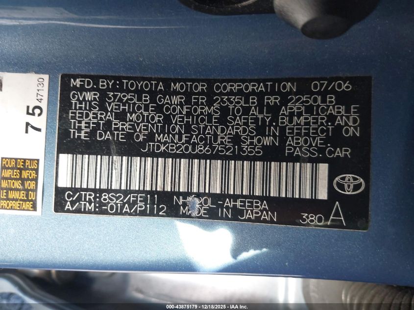 2006 Toyota Prius VIN: JTDKB20U867521355 Lot: 43875179