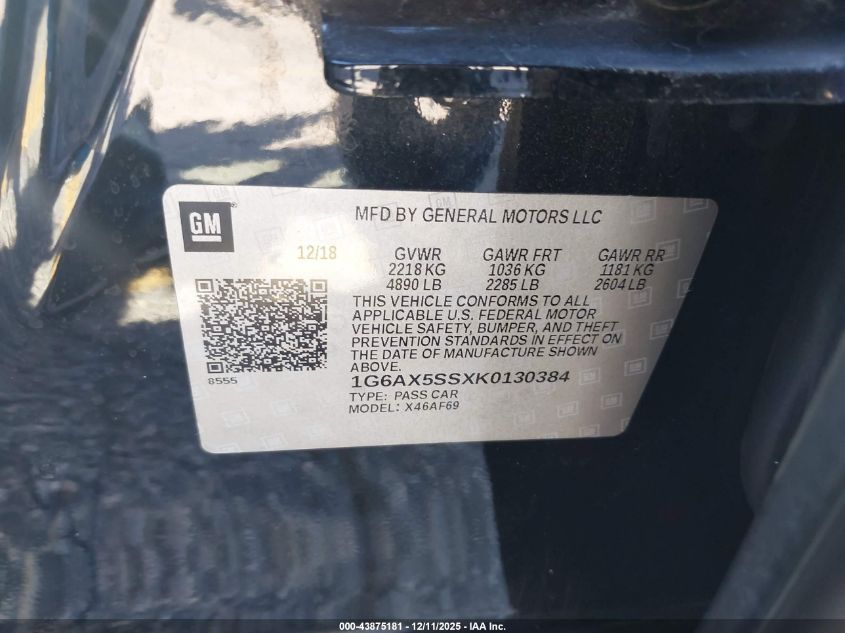 2019 Cadillac Cts Luxury VIN: 1G6AX5SSXK0130384 Lot: 43875181