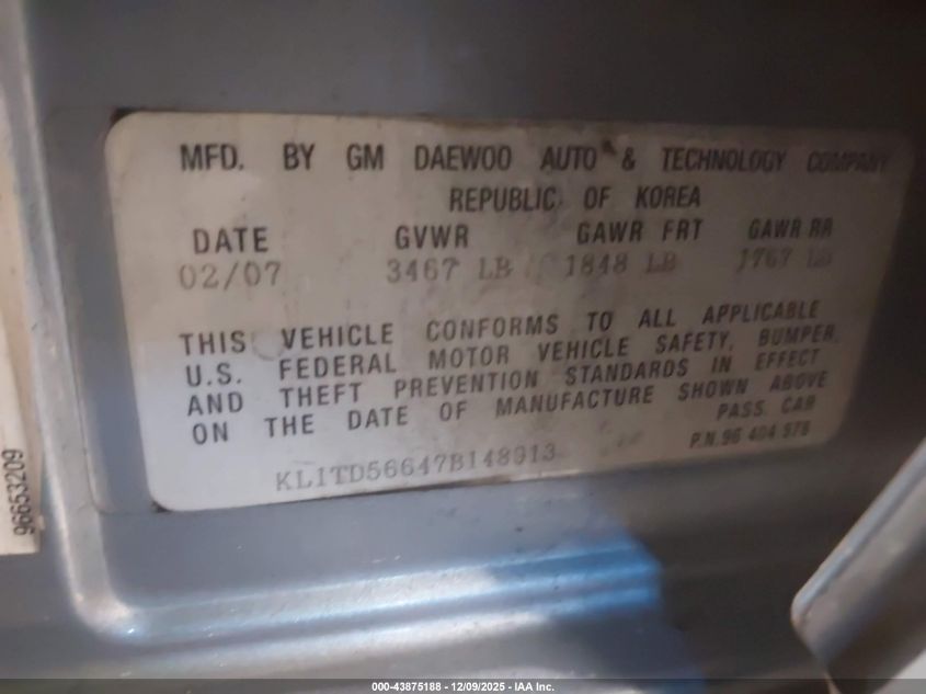 2007 Chevrolet Aveo Ls VIN: KL1TD56647B148913 Lot: 43875188