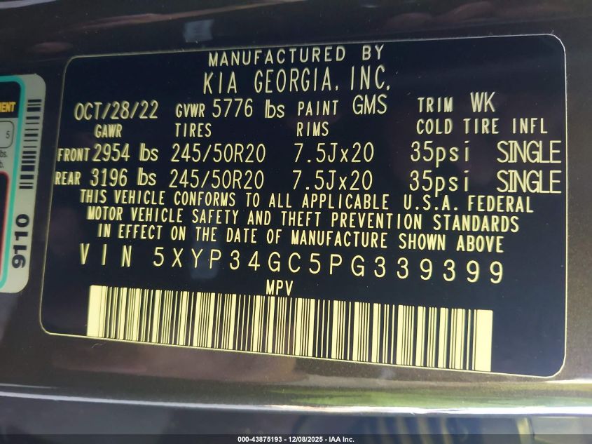 2023 Kia Telluride Ex VIN: 5XYP34GC5PG339399 Lot: 43875193