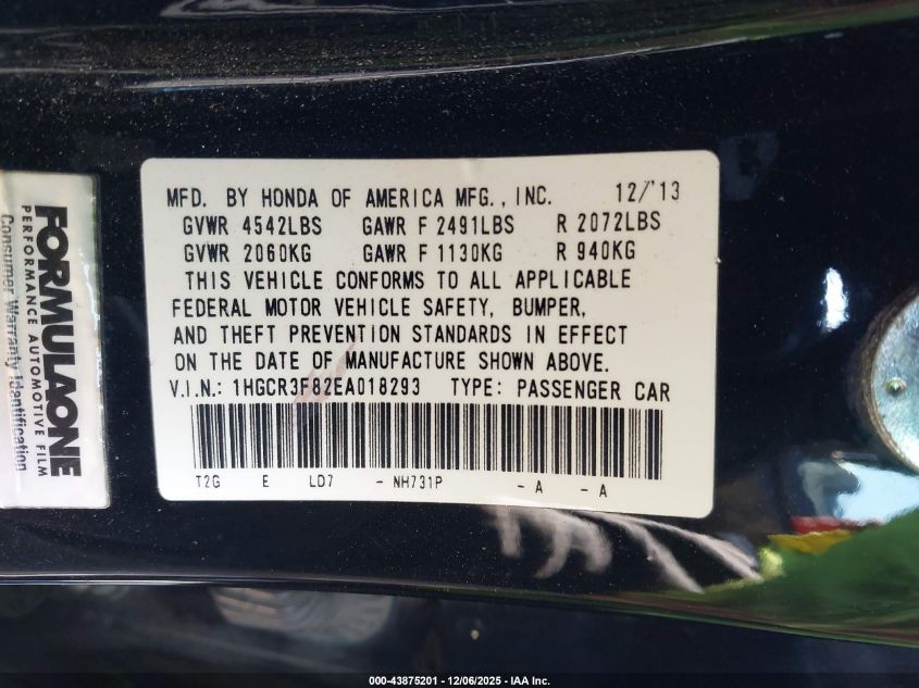 2014 Honda Accord Ex-L V-6 VIN: 1HGCR3F82EA018293 Lot: 43875201