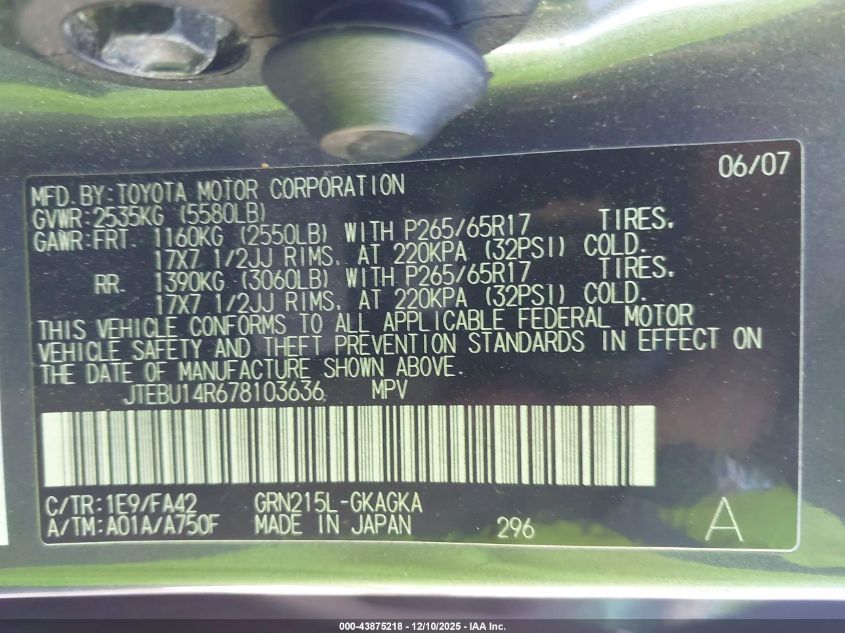 2007 Toyota 4Runner Sr5 V6 VIN: JTEBU14R678103636 Lot: 43875218