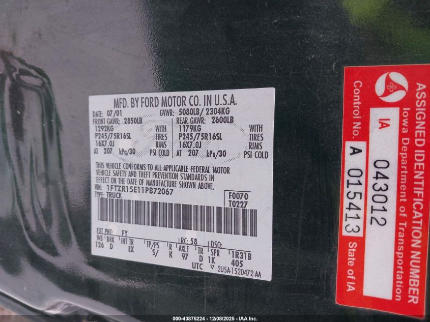 2001 Ford Ranger VIN: 1A043012 Lot: 43875224