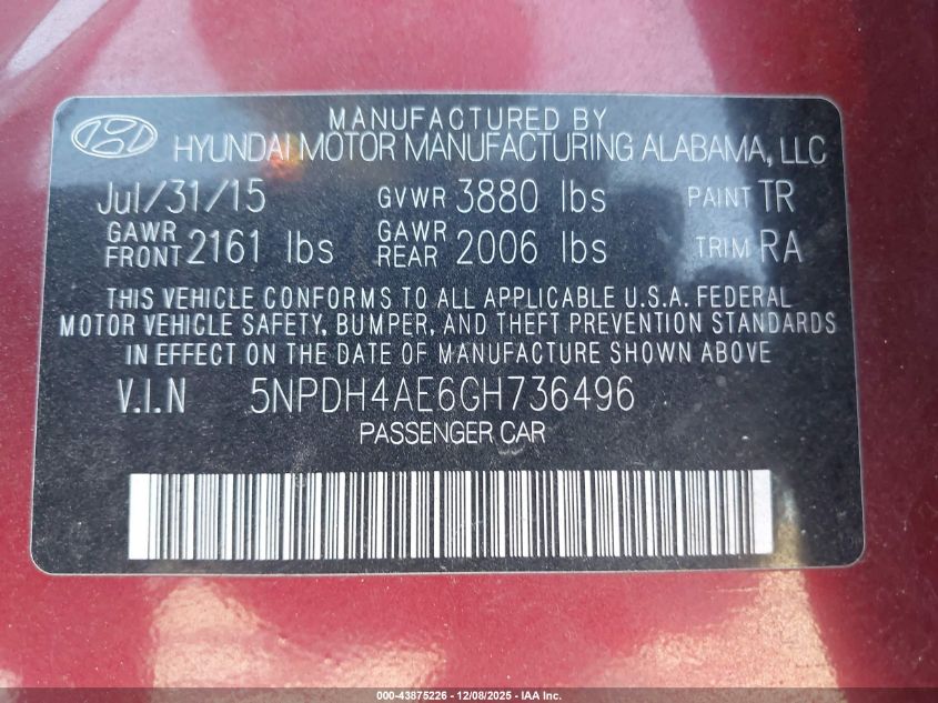 2016 Hyundai Elantra Se VIN: 5NPDH4AE6GH736496 Lot: 43875226