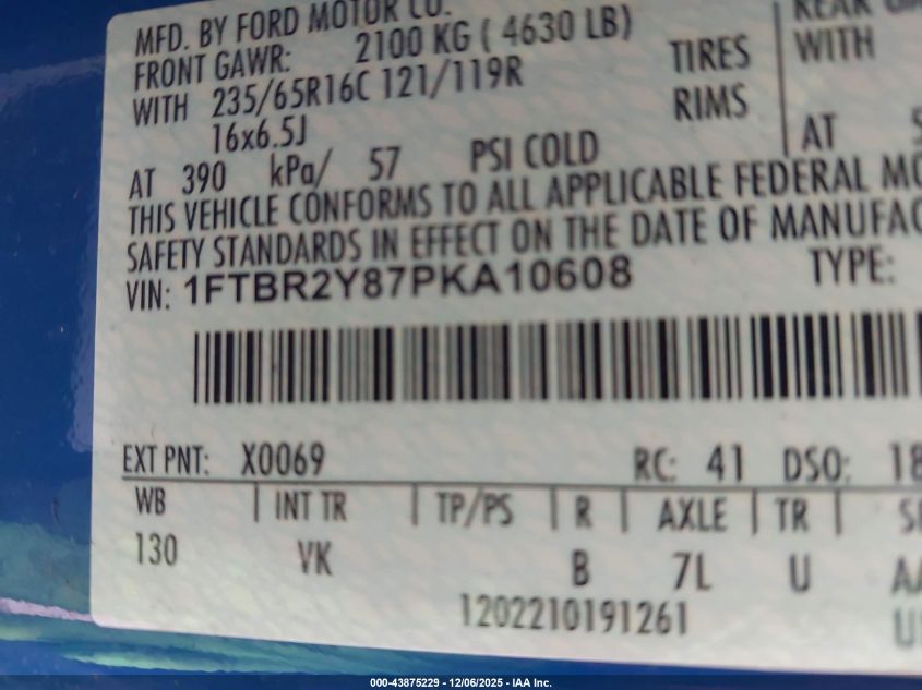 2023 Ford Transit-250 VIN: 1FTBR2Y87PKA10608 Lot: 43875229