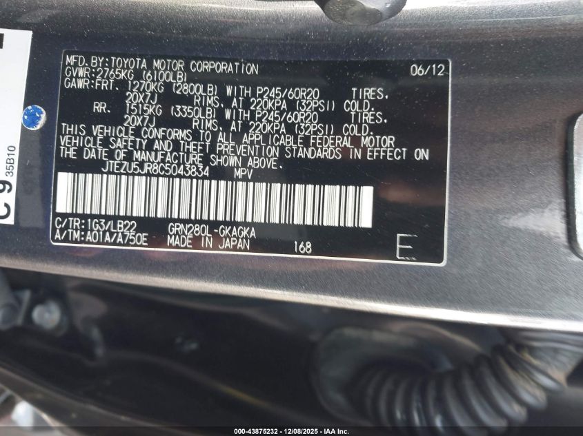 2012 Toyota 4Runner Limited VIN: JTEZU5JR8C5043834 Lot: 43875232