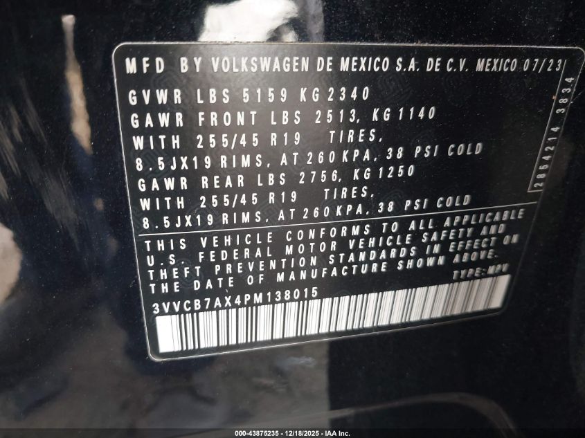 2023 Volkswagen Tiguan 2.0T Se R-Line Black VIN: 3VVCB7AXAPM138015 Lot: 43875235