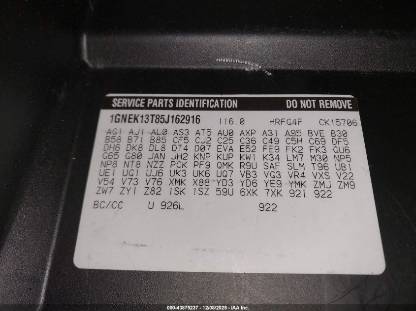 2005 Chevrolet Tahoe Ls VIN: 1GNEK13T85J162916 Lot: 43875237