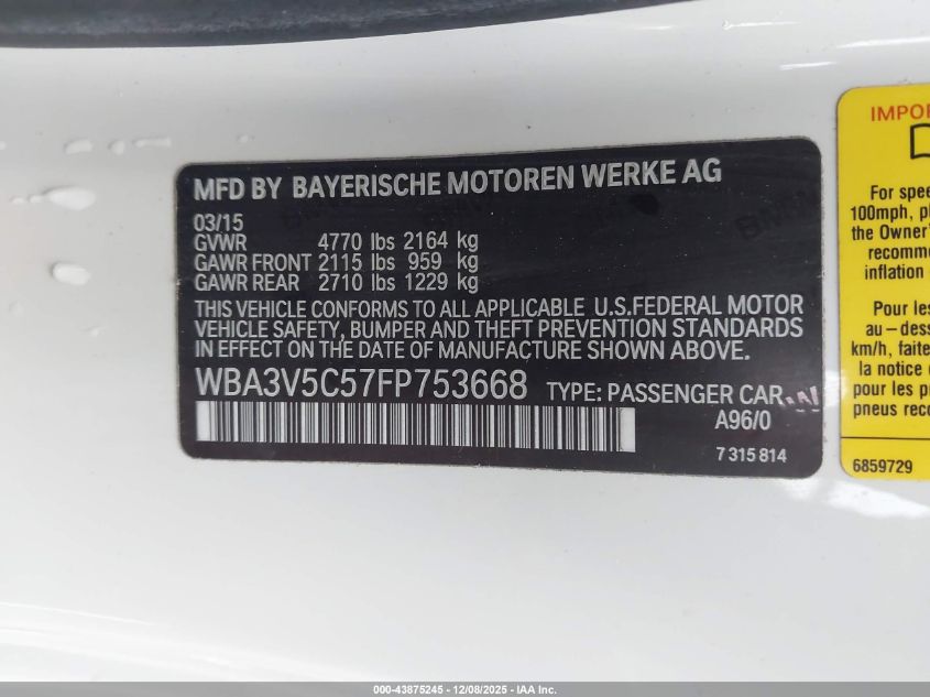 2015 BMW 428I VIN: WBA3V5C57FP753668 Lot: 43875245
