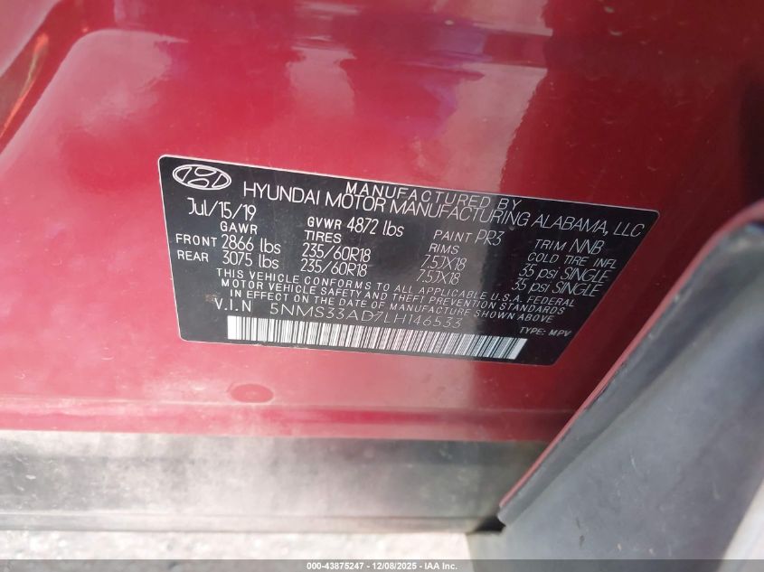 2020 Hyundai Santa Fe Sel VIN: 5NMS33AD7LH146533 Lot: 43875247