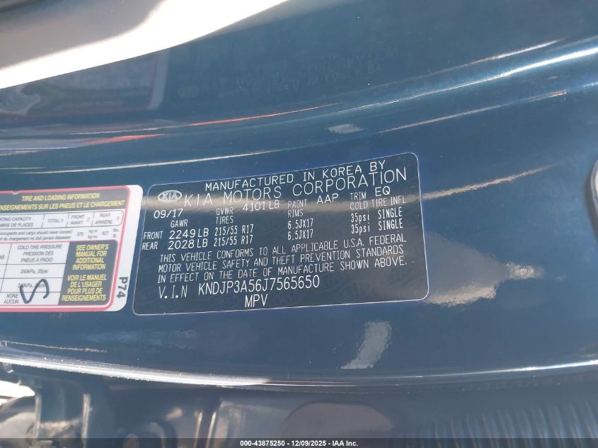 2018 Kia Soul + VIN: KNDJP3A56J7565650 Lot: 43875250