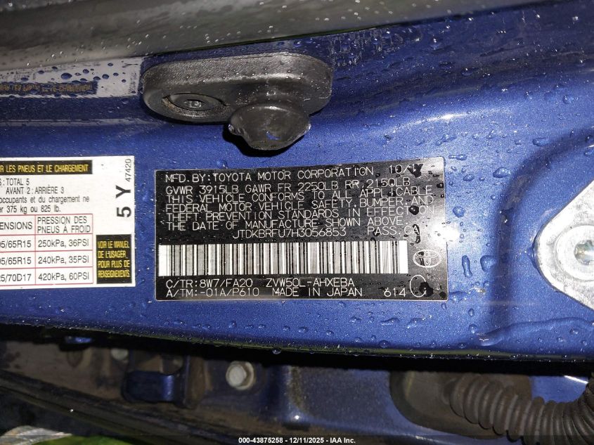 2017 Toyota Prius Two VIN: JTDKBRFU7H3056853 Lot: 43875258