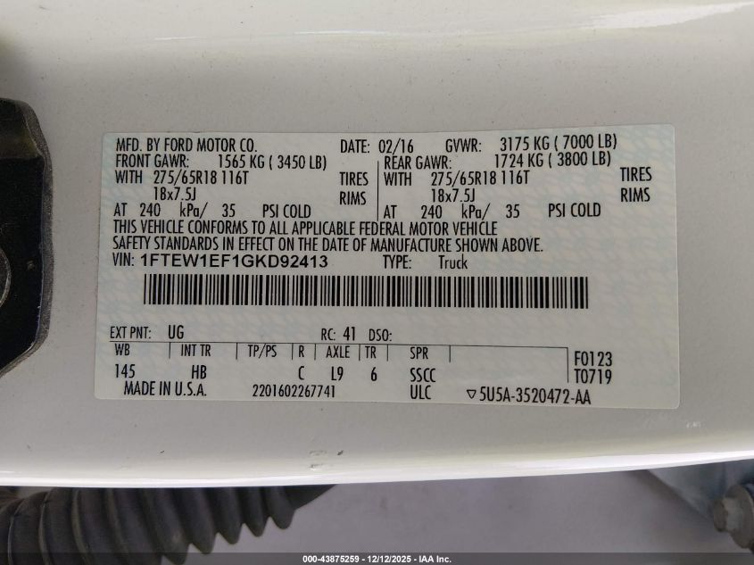2016 Ford F-150 Lariat VIN: 1FTEW1EF1GKD92413 Lot: 43875259