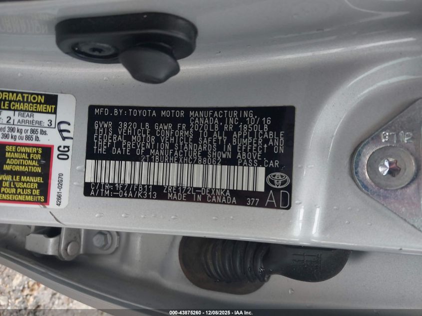 2017 Toyota Corolla Le VIN: 2T1BURHEXHC788062 Lot: 43875260