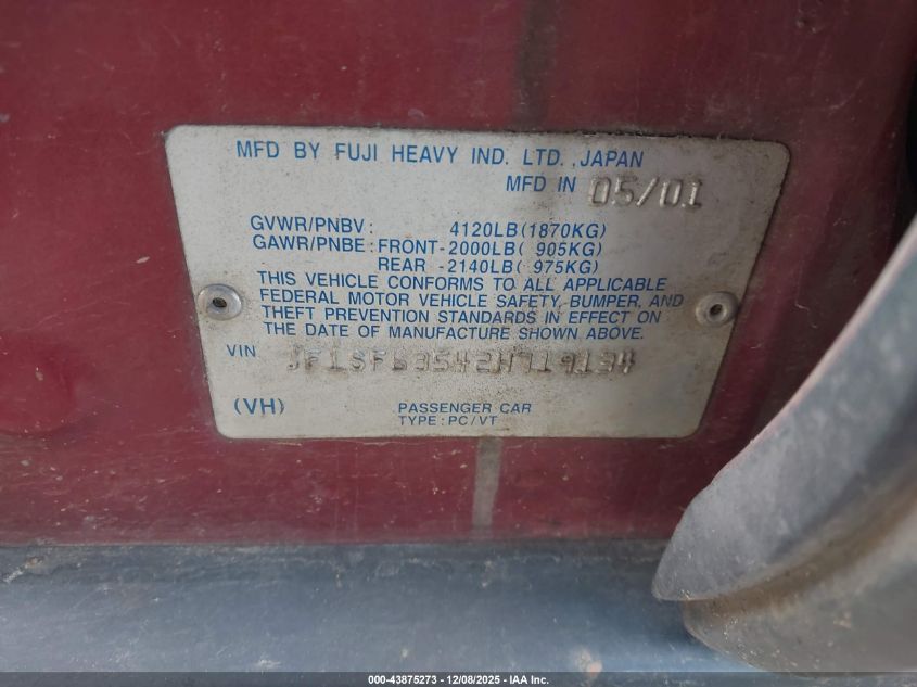 2002 Subaru Forester L VIN: JF1SF63542H719134 Lot: 43875273