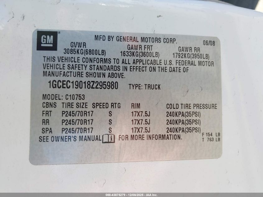 2008 Chevrolet Silverado 1500 Lt1 VIN: 1GCEC19018Z295980 Lot: 43875279