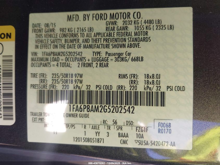 2016 Ford Mustang V6 VIN: 1FA6P8AM2G5202542 Lot: 43875282