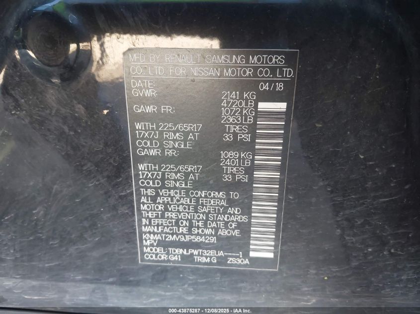 2018 Nissan Rogue S VIN: KNMAT2MV9JP584291 Lot: 43875287