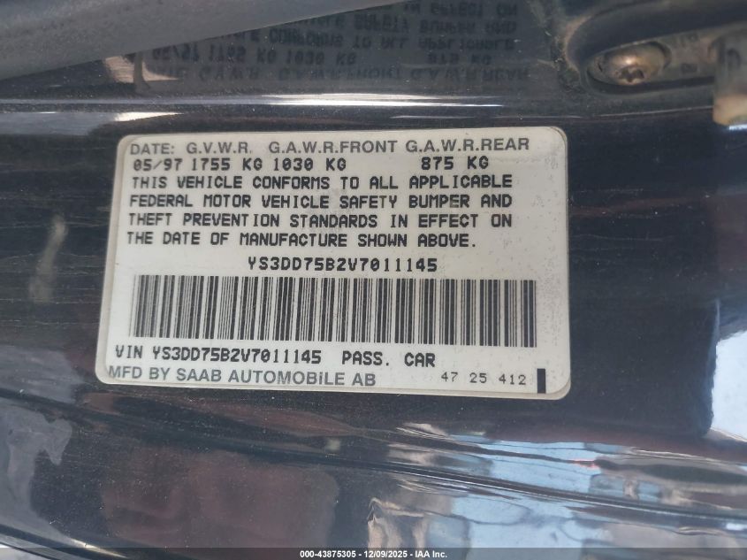 1997 Saab 900 S VIN: YS3DD75B2V7011145 Lot: 43875305