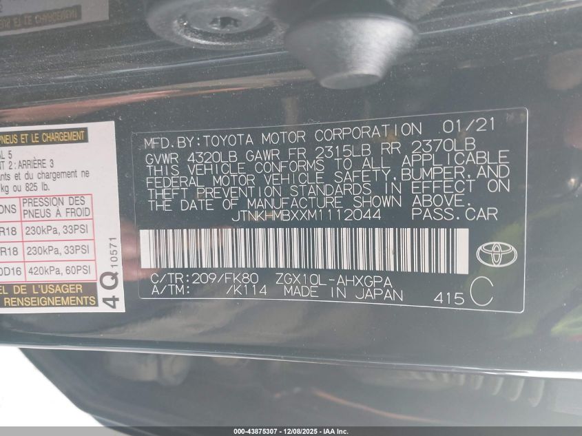 2021 Toyota C-Hr Xle VIN: JTNKHMBXXM1112044 Lot: 43875307