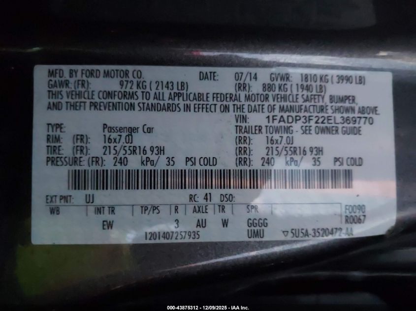 2014 Ford Focus Se VIN: 1FADP3F22EL369770 Lot: 43875312