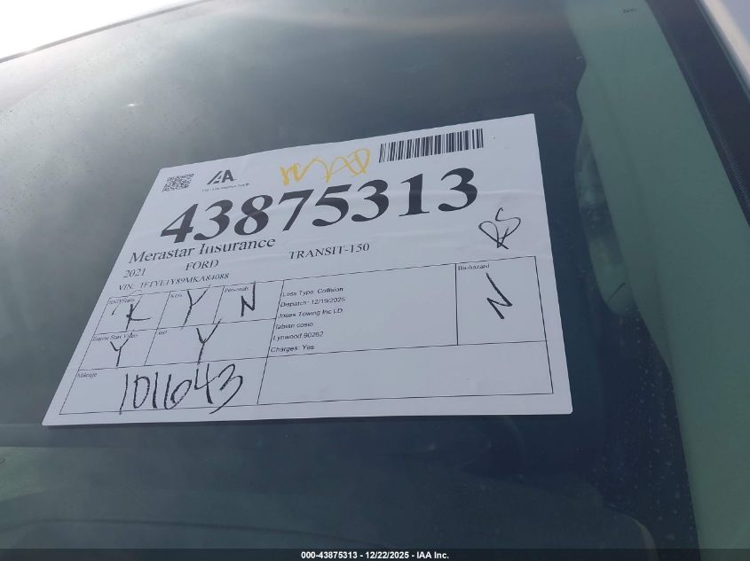 2021 Ford Transit-150 VIN: 1FTYE1Y89MKA84088 Lot: 43875313