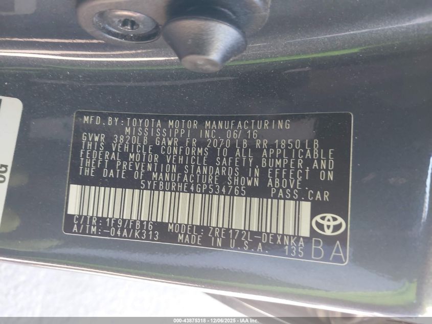 2016 Toyota Corolla Le Plus VIN: 5YFBURHE4GP534765 Lot: 43875318