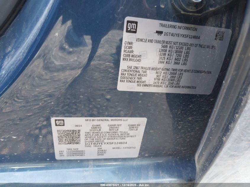 2025 GMC Sierra 3500Hd 4Wd Standard Bed Denali Ultimate VIN: 1GT4UYEYXSF124604 Lot: 43875321