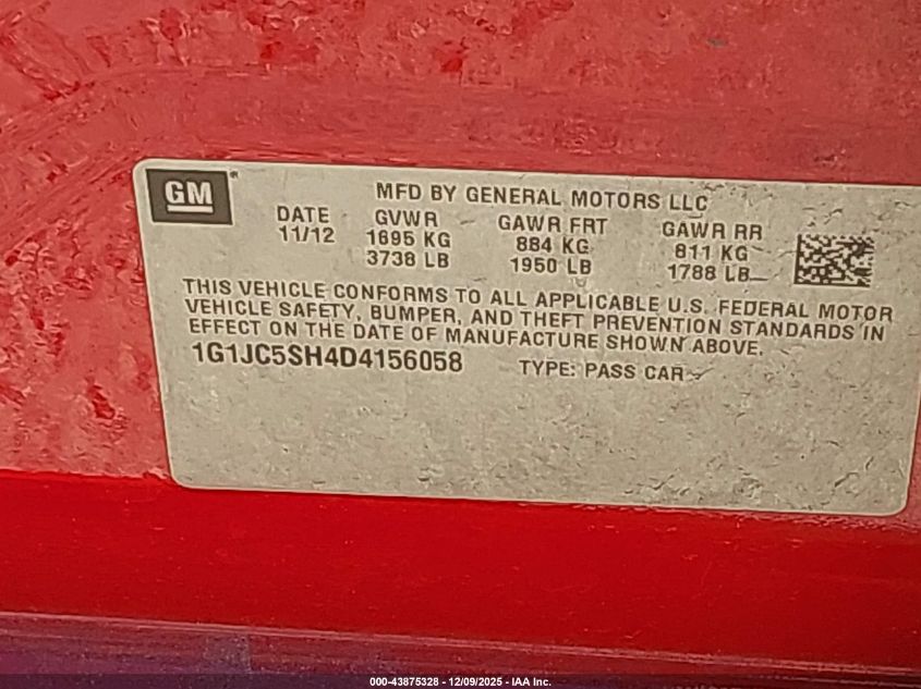 2013 Chevrolet Sonic Lt Auto VIN: 1G1JC5SH4D4156058 Lot: 43875328