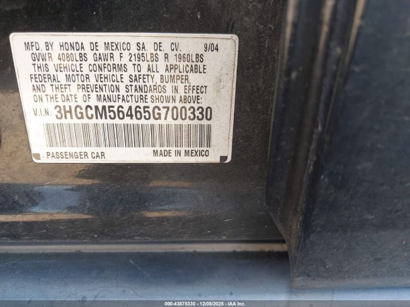 2005 Honda Accord 2.4 Lx VIN: 3HGCM56465G700330 Lot: 43875330