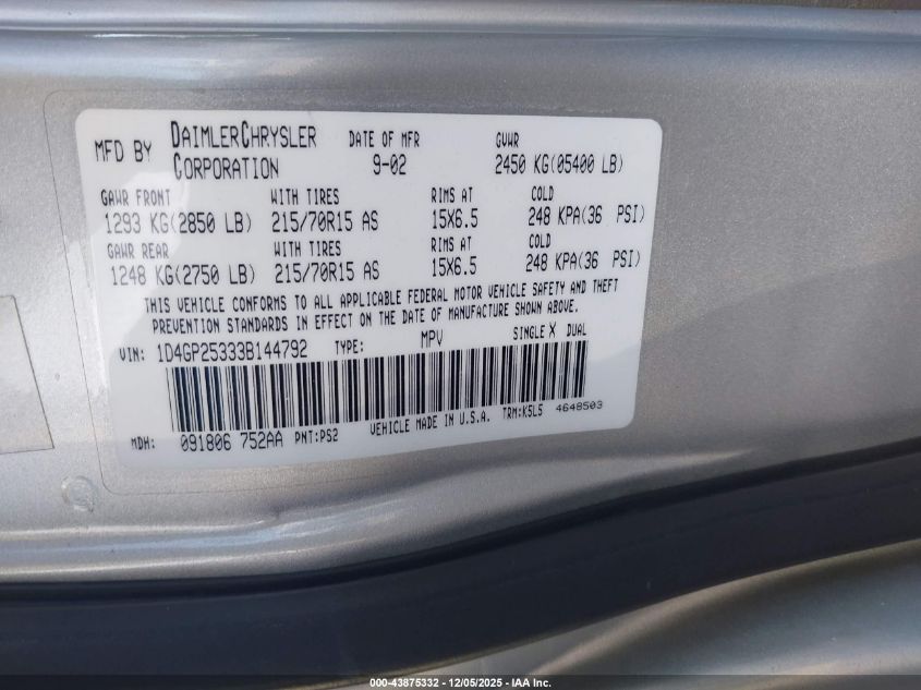 2003 Dodge Caravan Se VIN: 1D4GP25333B144792 Lot: 43875332