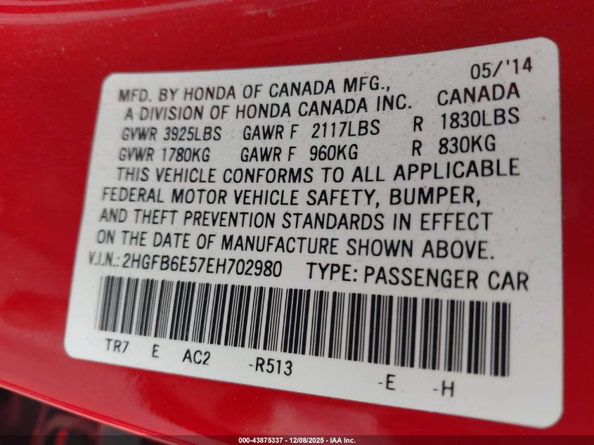 2014 Honda Civic Si VIN: 2HGFB6E57EH702980 Lot: 43875337