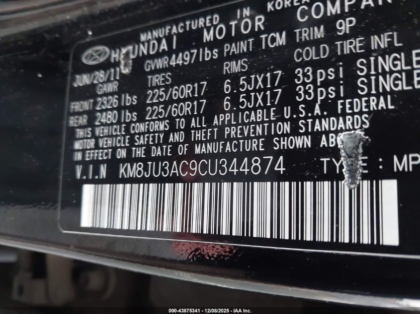 2012 Hyundai Tucson Gls VIN: KM8JU3AC9CU344874 Lot: 43875341