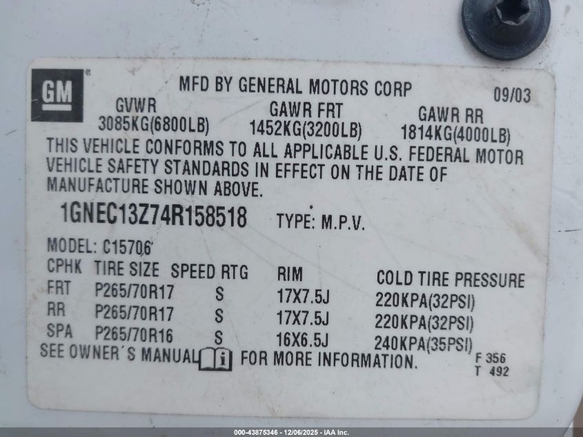 2004 Chevrolet Tahoe Lt VIN: 1GNEC13Z74R158518 Lot: 43875346