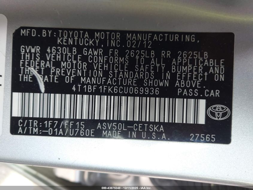 2012 Toyota Camry Se VIN: 4T1BF1FK6CU069936 Lot: 43875348