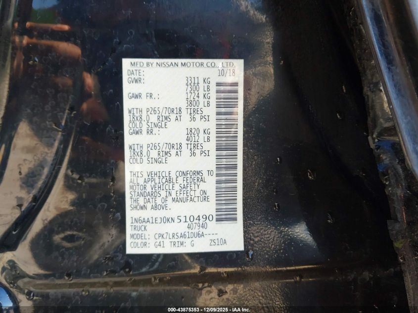 2019 Nissan Titan S VIN: 1N6AA1EJ0KN510490 Lot: 43875353