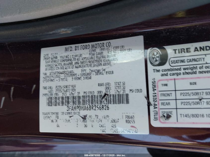 2011 Ford Fusion Se VIN: 3FAHP0HA6BR256826 Lot: 43875355